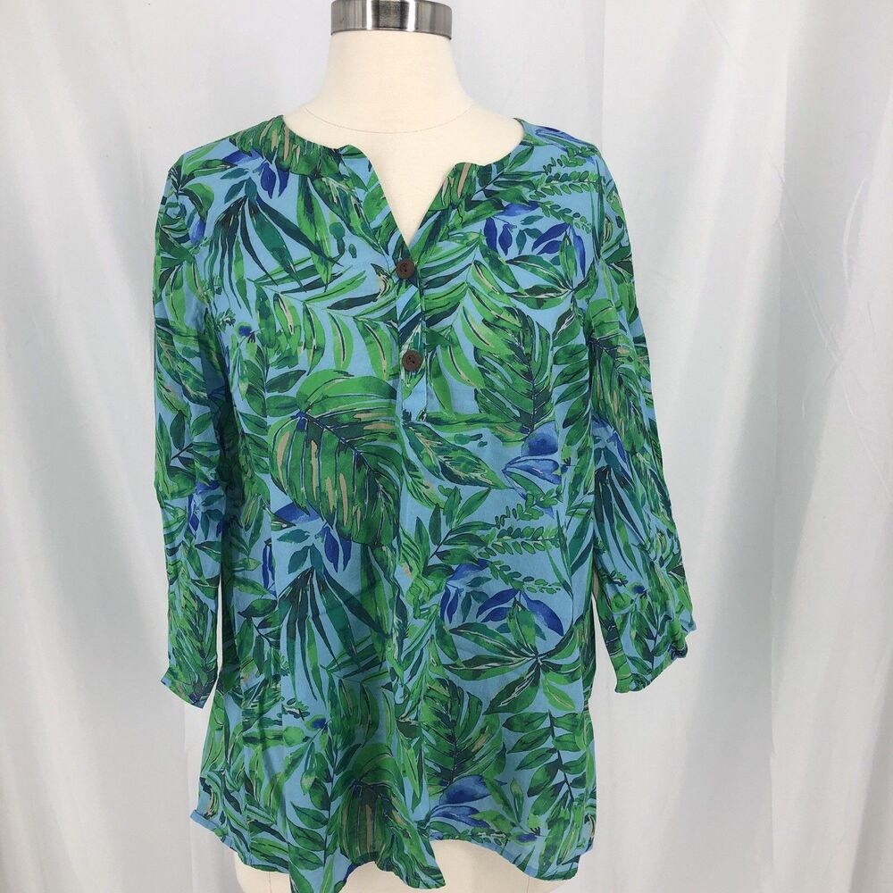 J Jill Medium Top Green Blue Tropical Palm Leaf Print Cotton Blouse